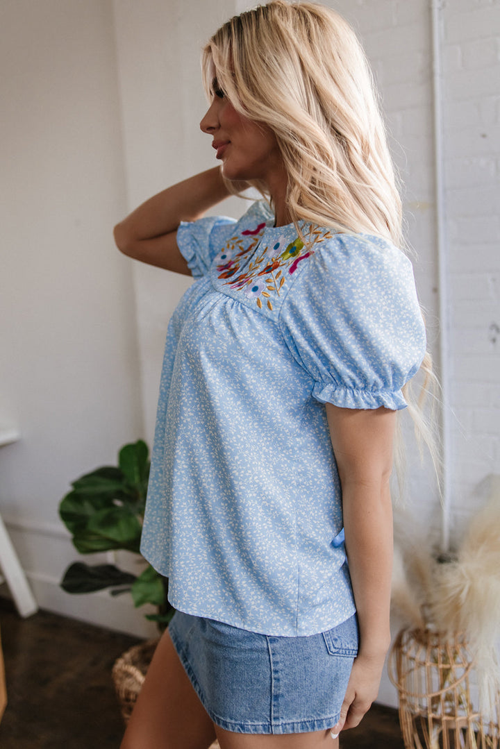 Floral Embroidered Puff Sleeve Notched V Neck Blouse