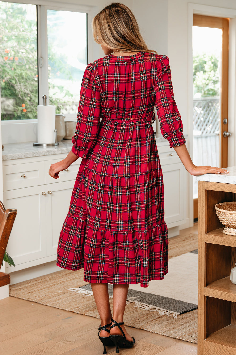 Christmas Plaid V Neck 3/4 Sleeve Tie Waist Ruffle Hem Long Dress