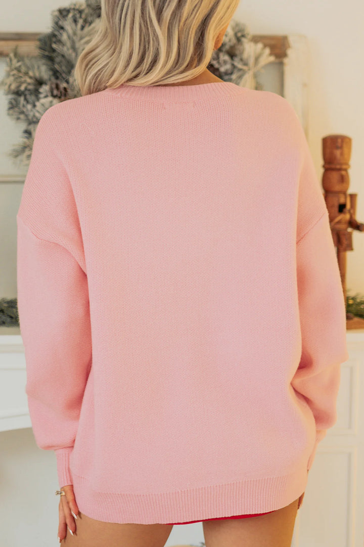Gossamer Pink Towel Embroidery Slogan Pullover Sweater