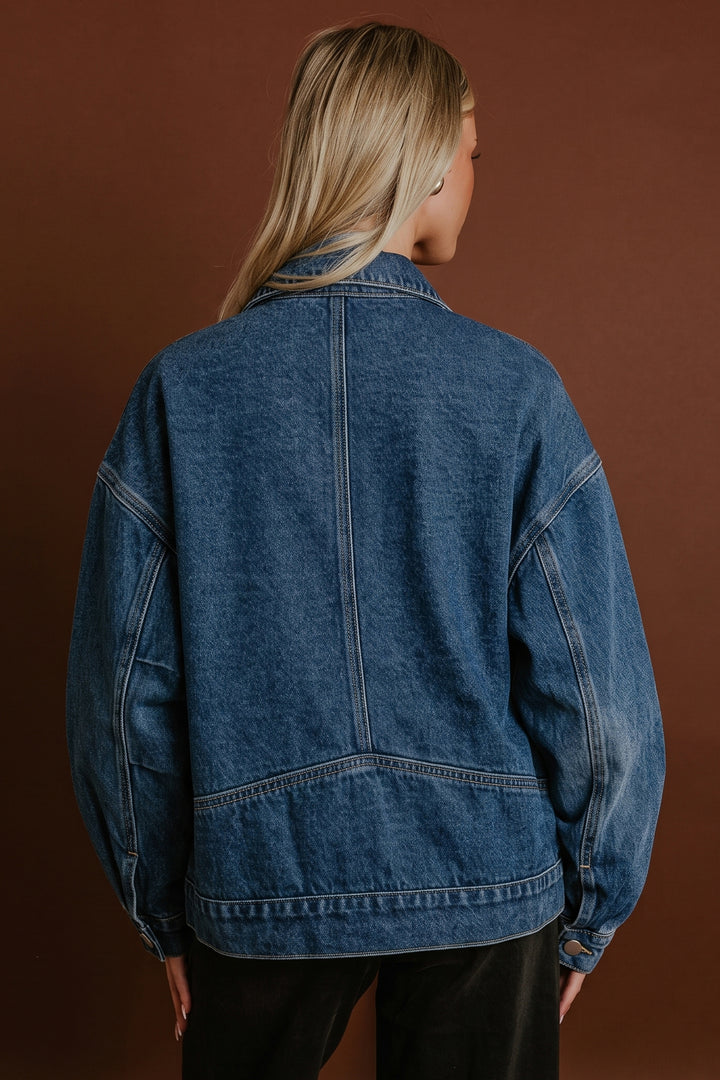 Navy Blue Vintage Button Flap Pocket Casual Denim Jacket