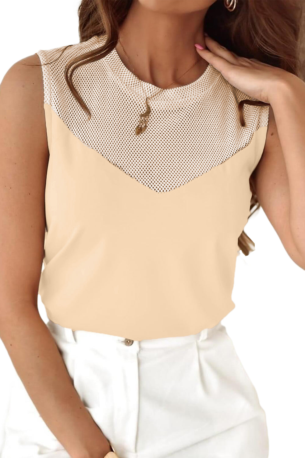Solid Mesh Patchwork Crew Neck Tank Top