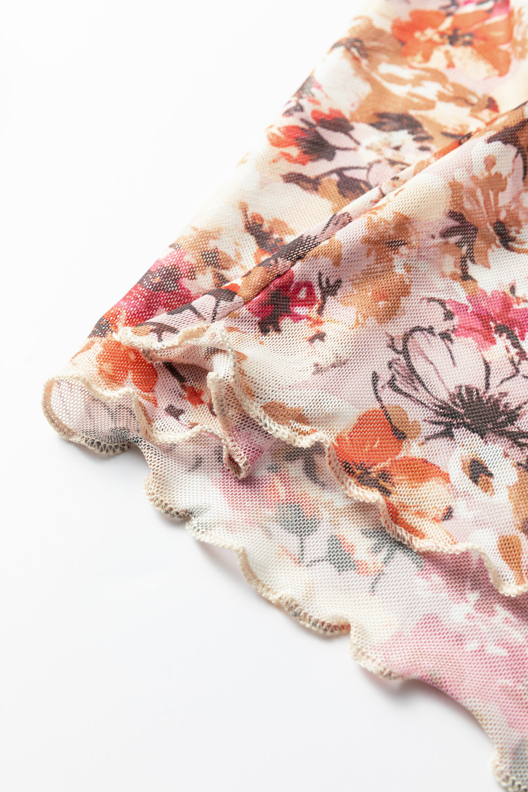 Lettuce Trim Floral Print Mesh Long Sleeve Top