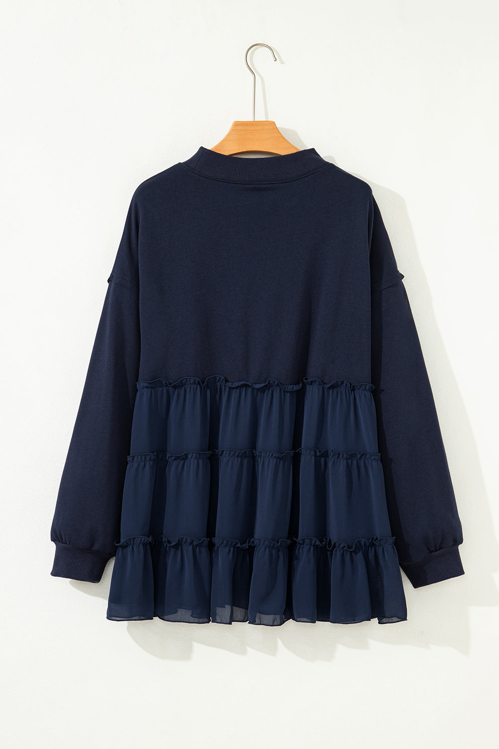 Navy Blue Tiered Ruffle Ribbed Crew Neck Pullover Plus Size Top