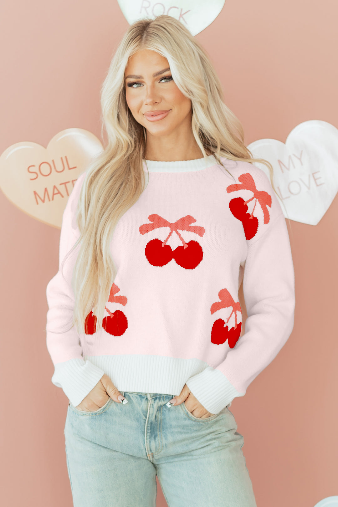 Cherry Pattern Drop Shoulder Sweater