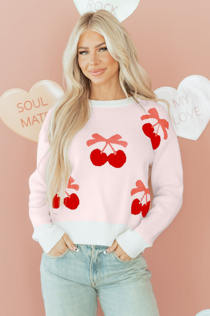 Cherry Pattern Drop Shoulder Sweater