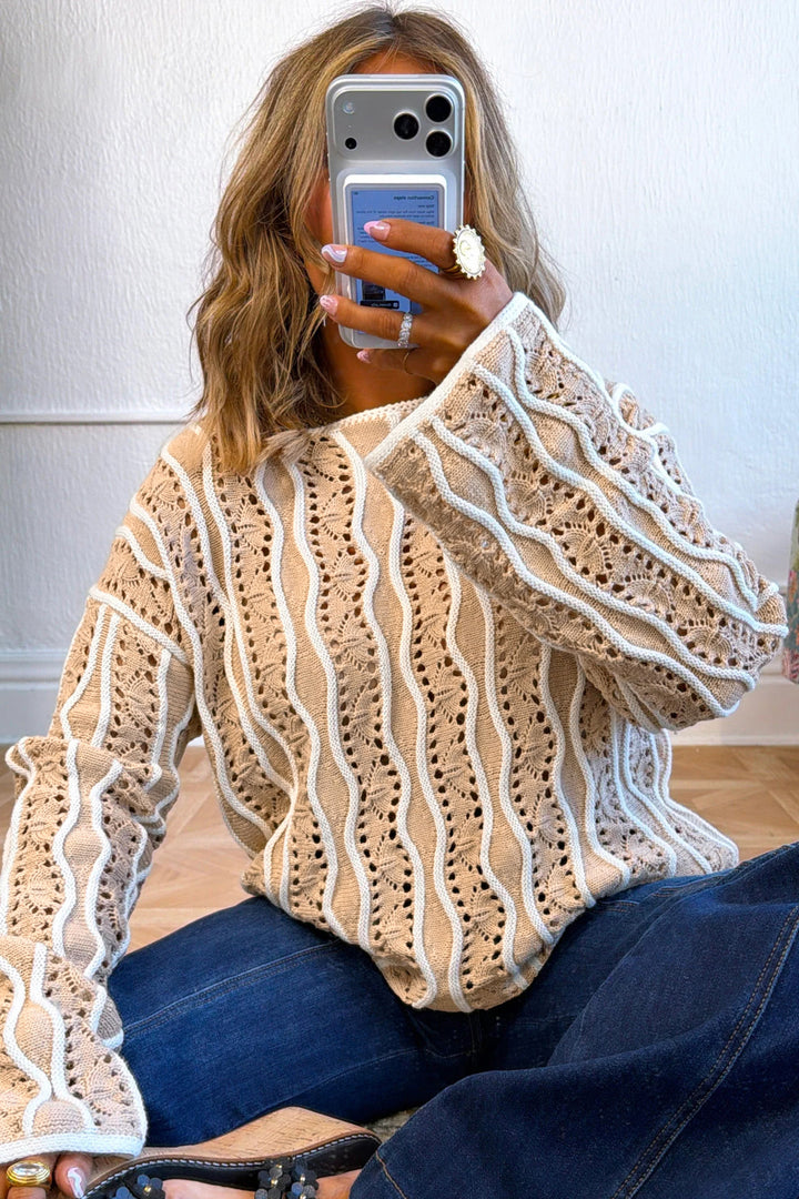 Khaki Wavy Detail Hollow Out Knit Cotton Pullover Sweater