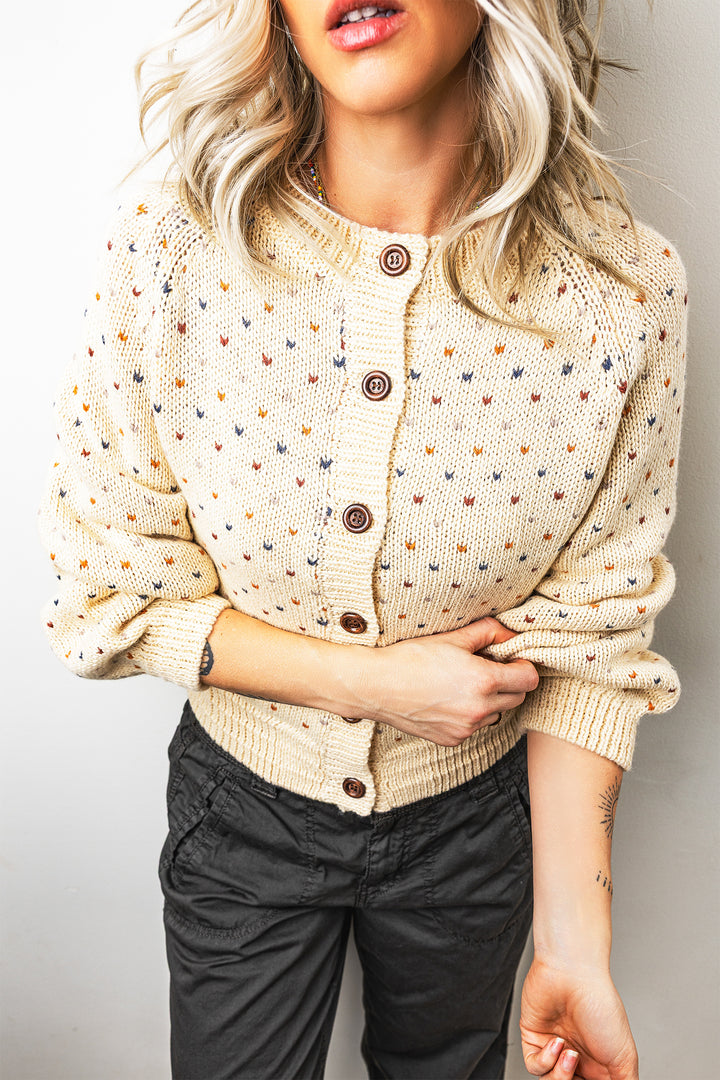 Beige Geometric Print Button Front Regular Fit Cardigan