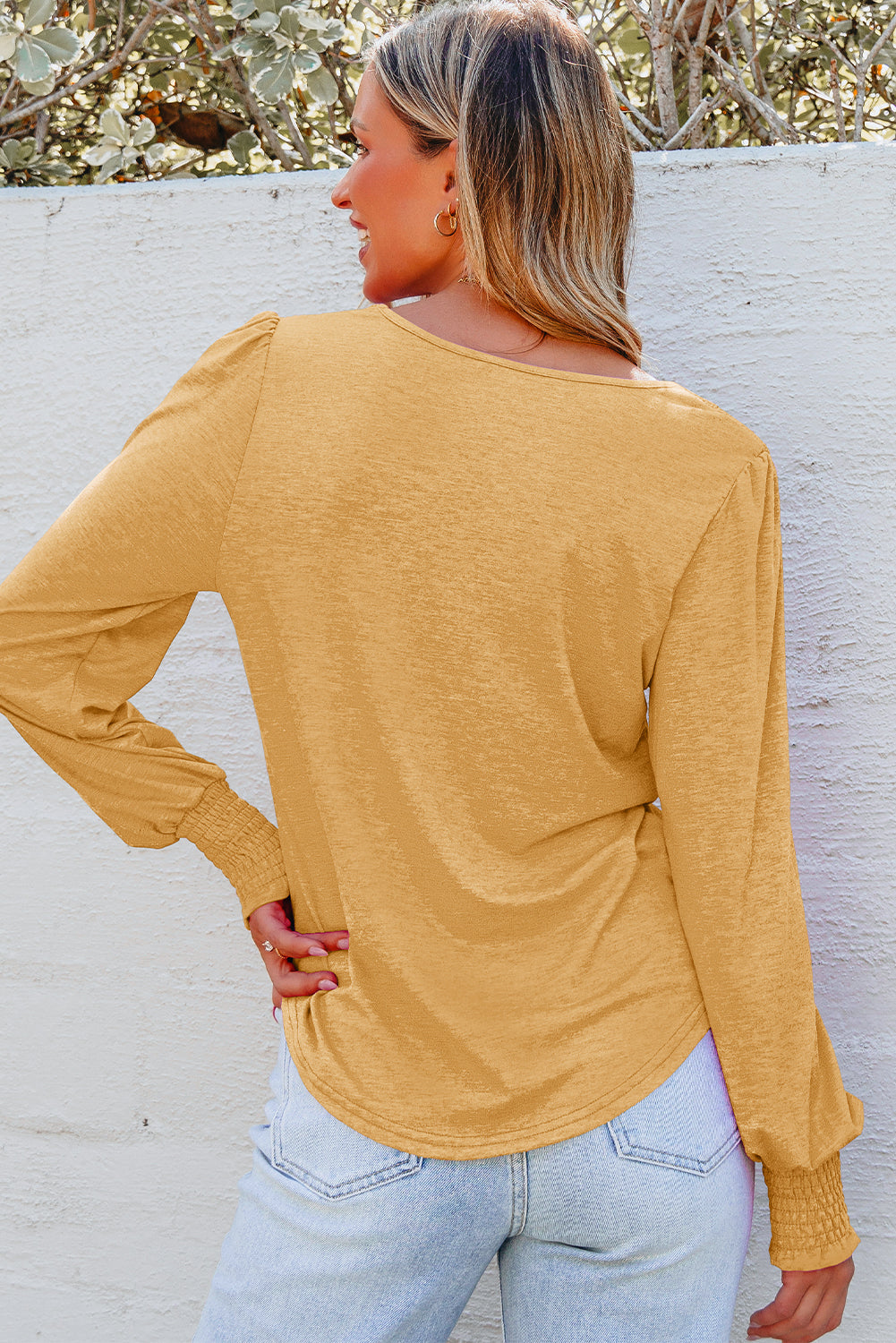 Shirred Shoulder Frilled Cuffs Long Sleeve Top