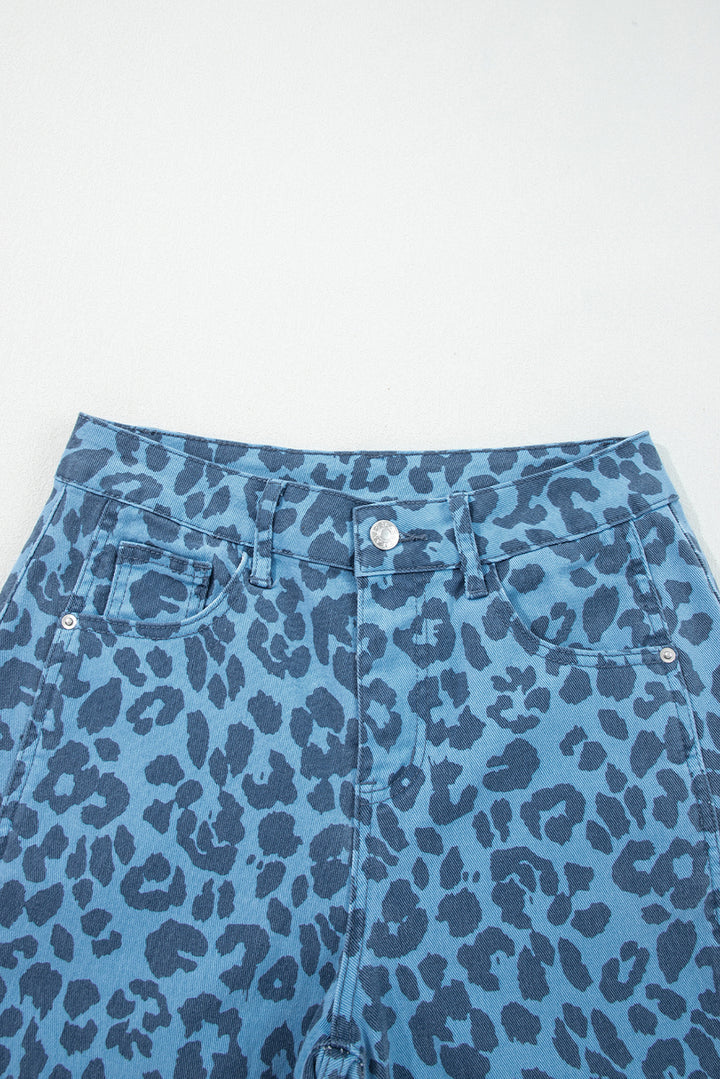 Sky Blue Leopard Print Barrel Leg Jeans