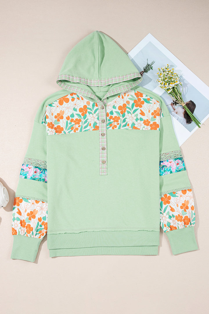 Clearly Aqua Lace Floral Patchwork Hooded Pullover