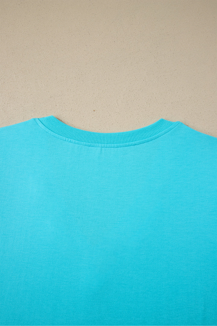 Turquoise Solid Color V Neck Short Puff Sleeve Blouse