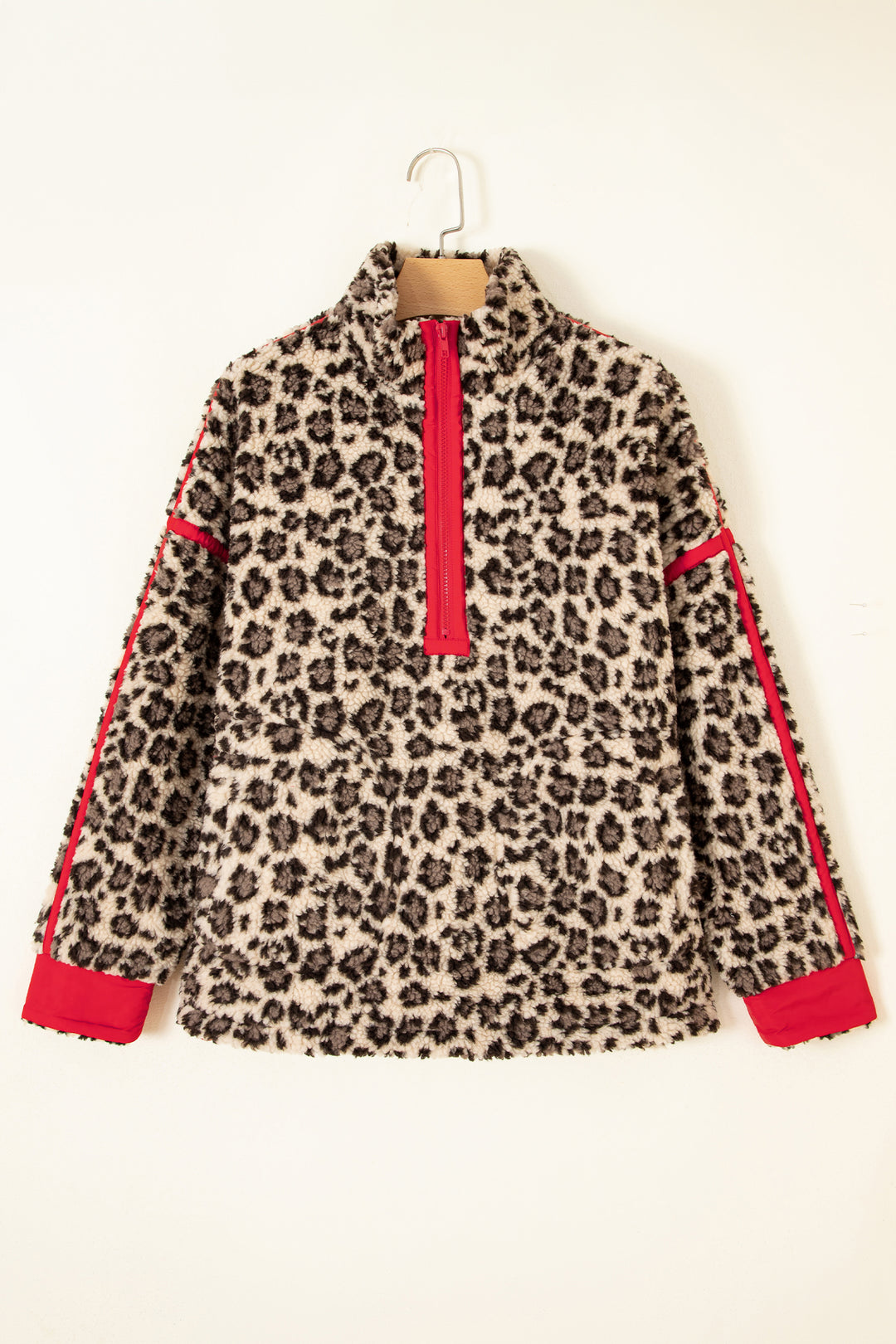 Brown Leopard Print Zip-Up Red Accents Pockets Sweatshirt