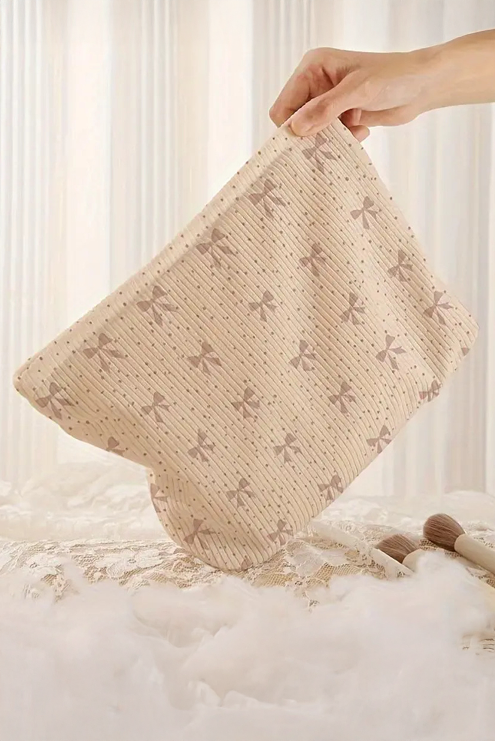 Bow Knot Dot Print Zipper Corduroy Cosmetic Bag