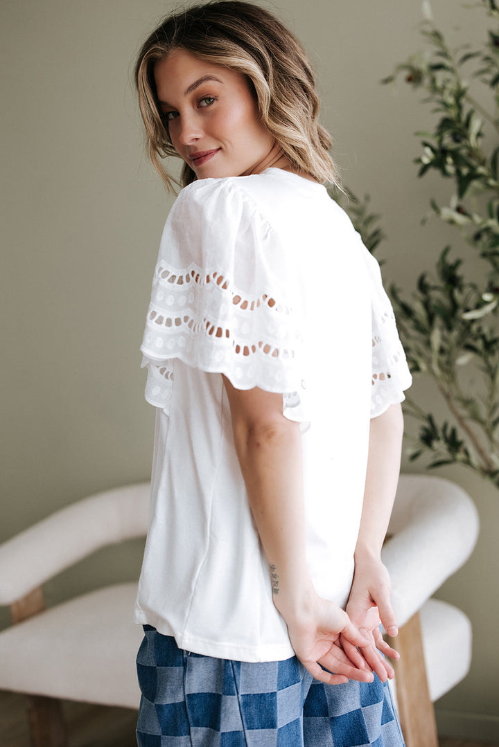 Hollow Out Embroidered Short Sleeve O Neck Top