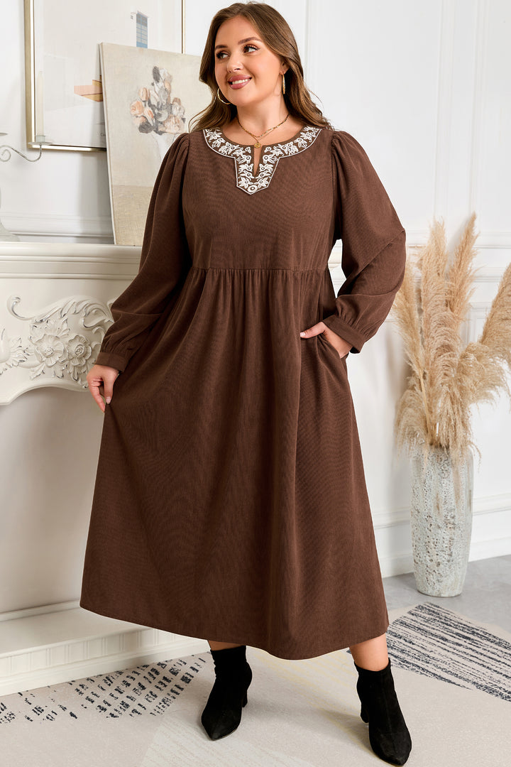 Coffee Embroidered Notched Neckline Pleated High Waist Plus Size Midi Dress