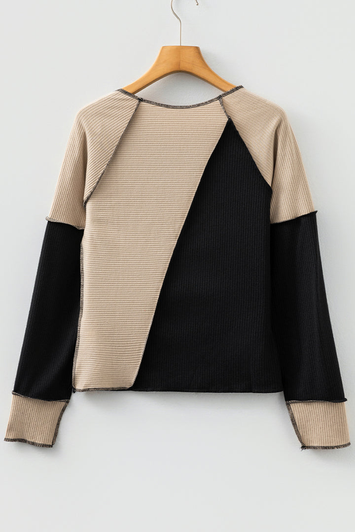 Irregular Color Block Seaming Trim Rib Knit Top