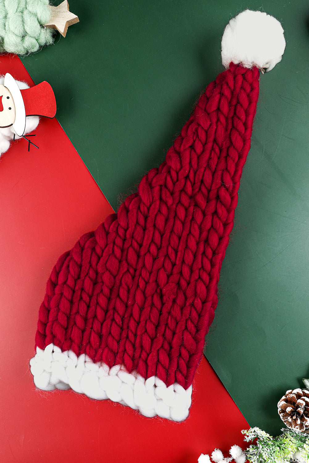 Color Block Pom Pom Decor Chunky Knitted Christmas Hat