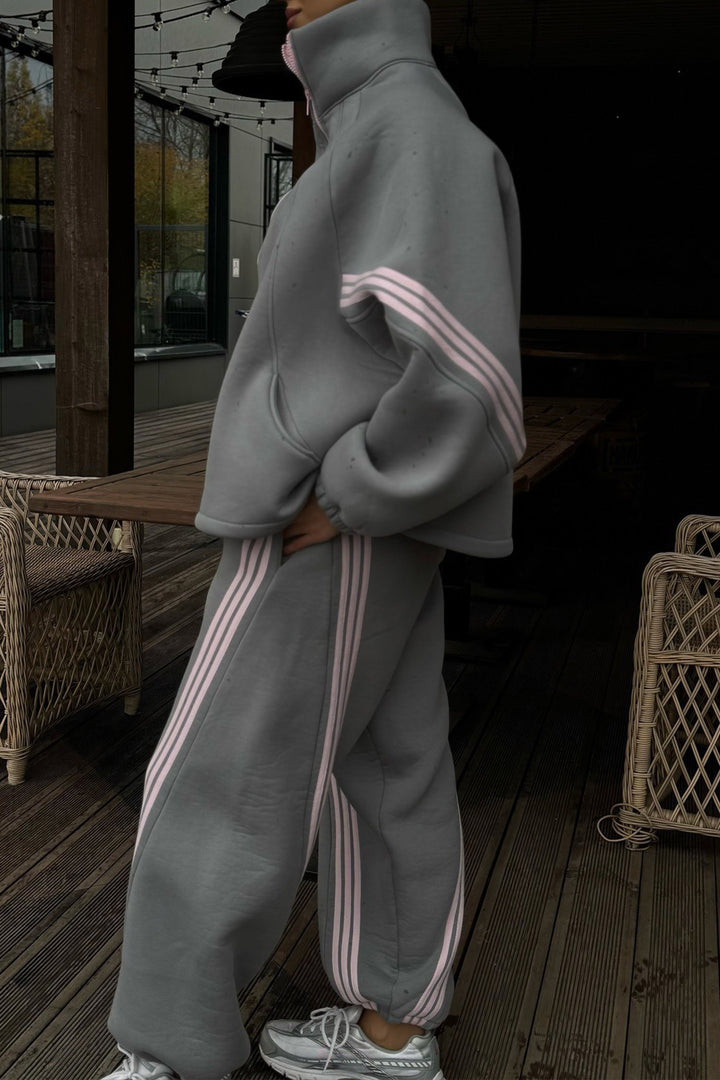 Medium Grey Striped Detail Zip High Neck Jacket Sporty Pants Sets