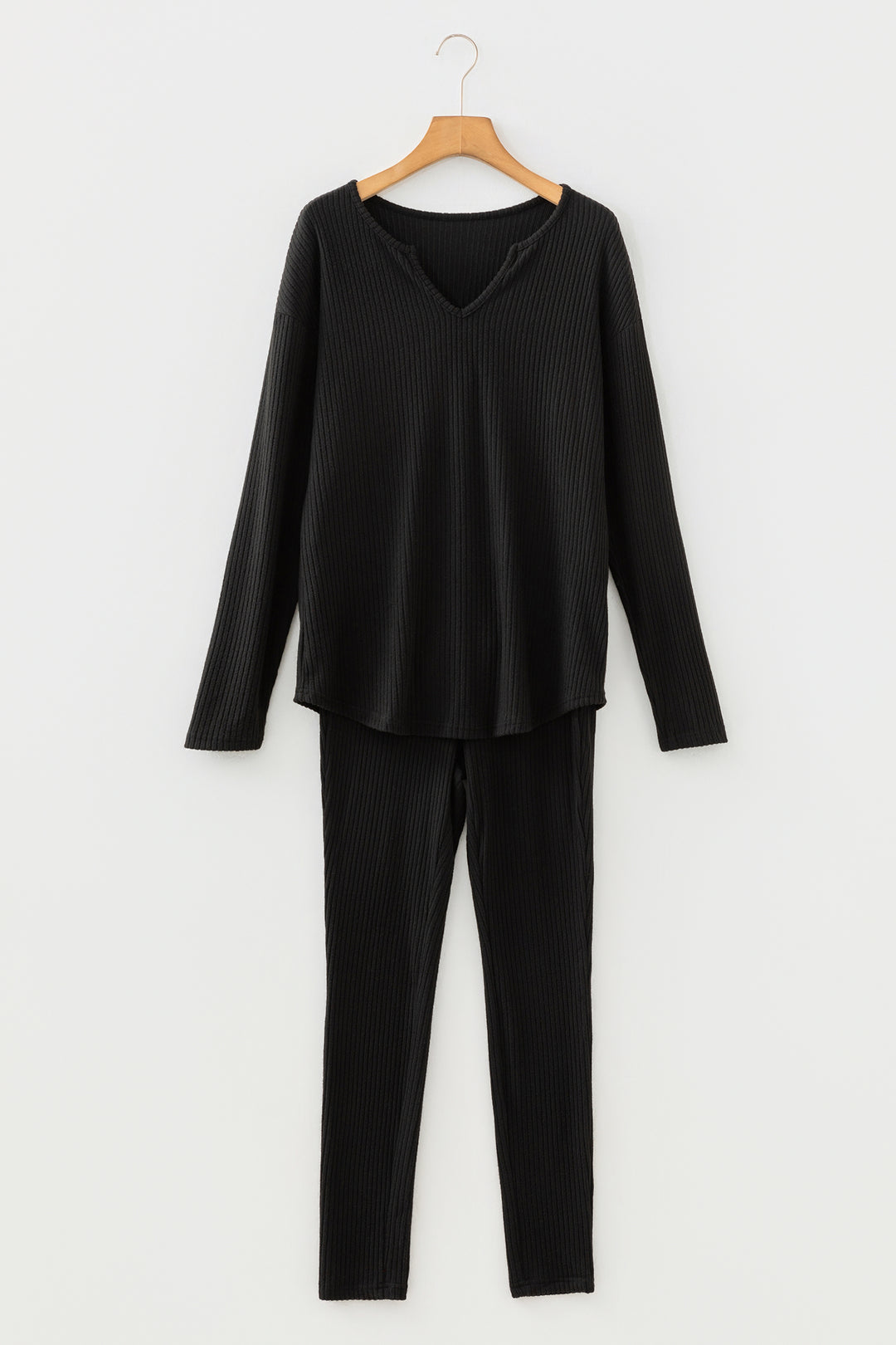 Black Ribbed Notched Neck Knit Long Sleeve Leggings Two Pieces Lounge Set