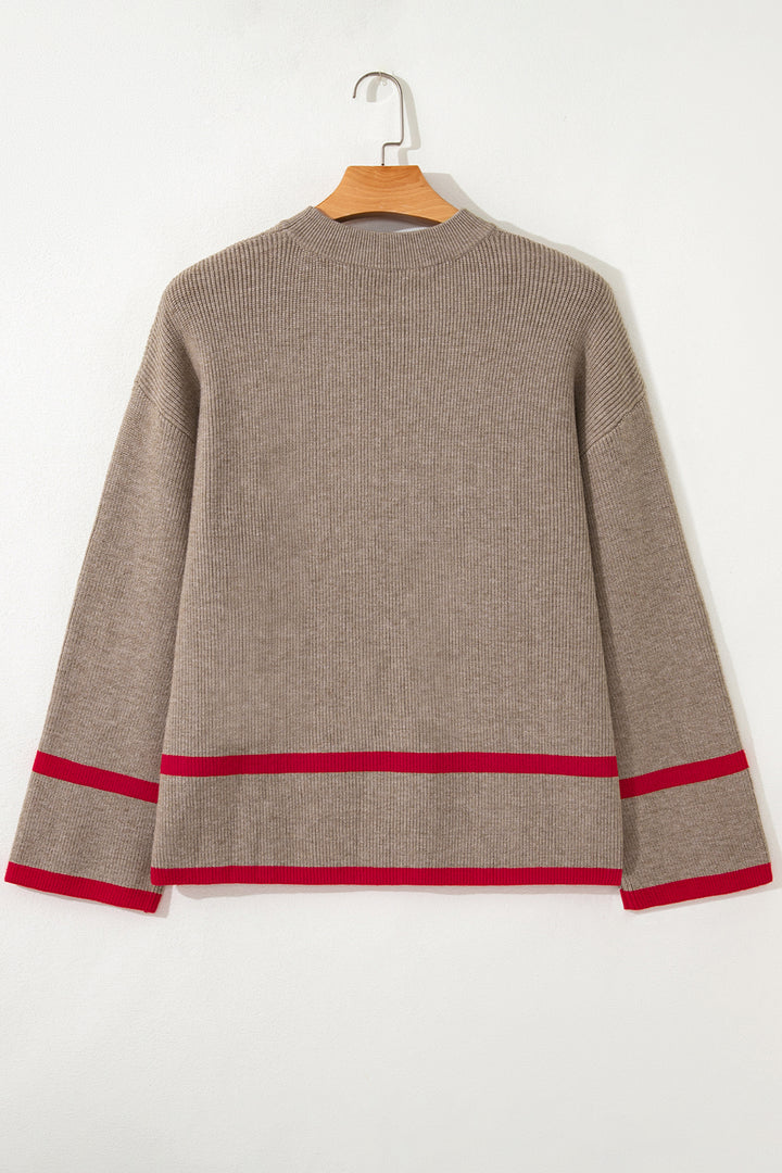 Simply Taupe Ribbed Knit Contrasted Stripe Detail Button Side Loose Sweater
