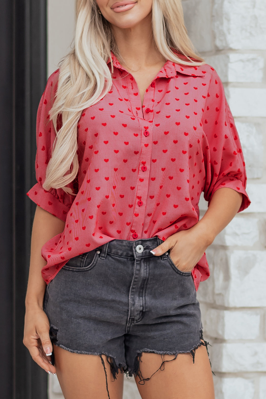 Heart Shape Print Half Sleeve Loose Valentine Shirt