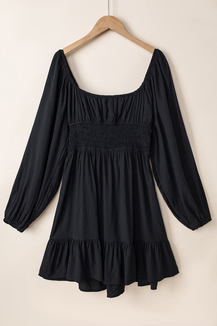 Black Solid Color Long Sleeve Shirred Drawstring Ruffle Mini Dress