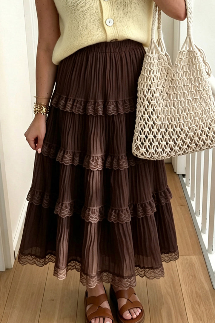 Dark Brown Pleated Tiered Lace Trim Maxi Skirt