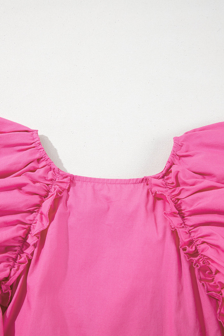 Shirred Yoke Lace up V Neck Ruffled Sleeve Blouse