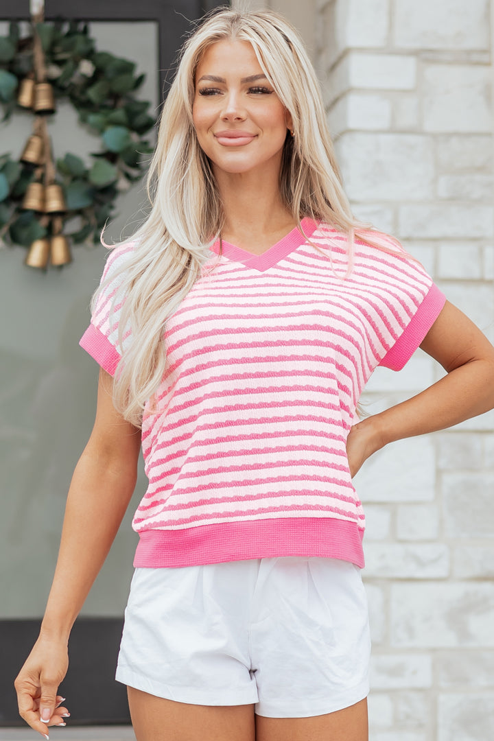 Textured Knit Contrast Trim V Neck Short Sleeve Top