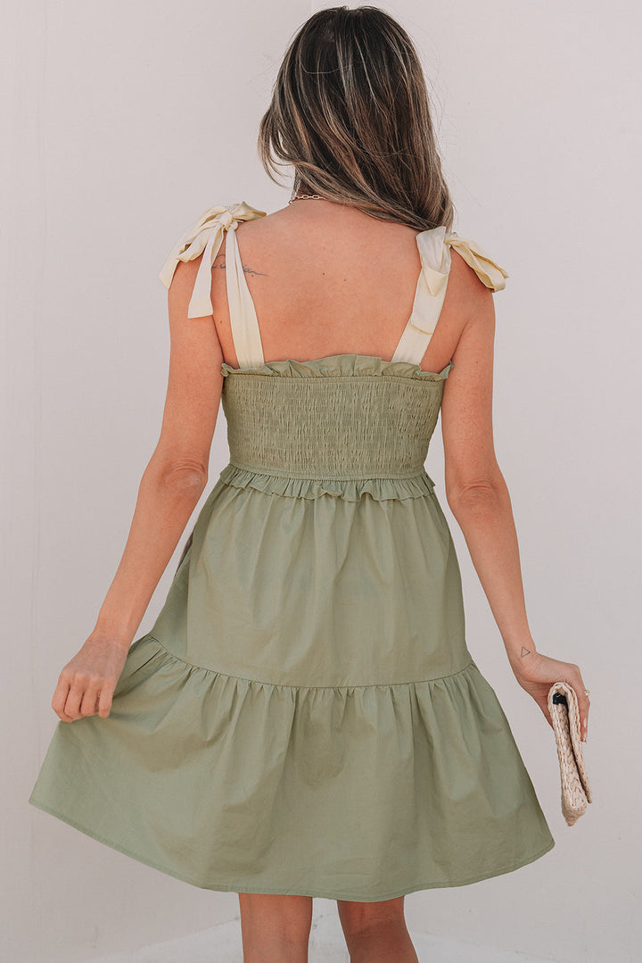 Smocked Bodice Self-tie Straps A-line Ruffled Mini Dress