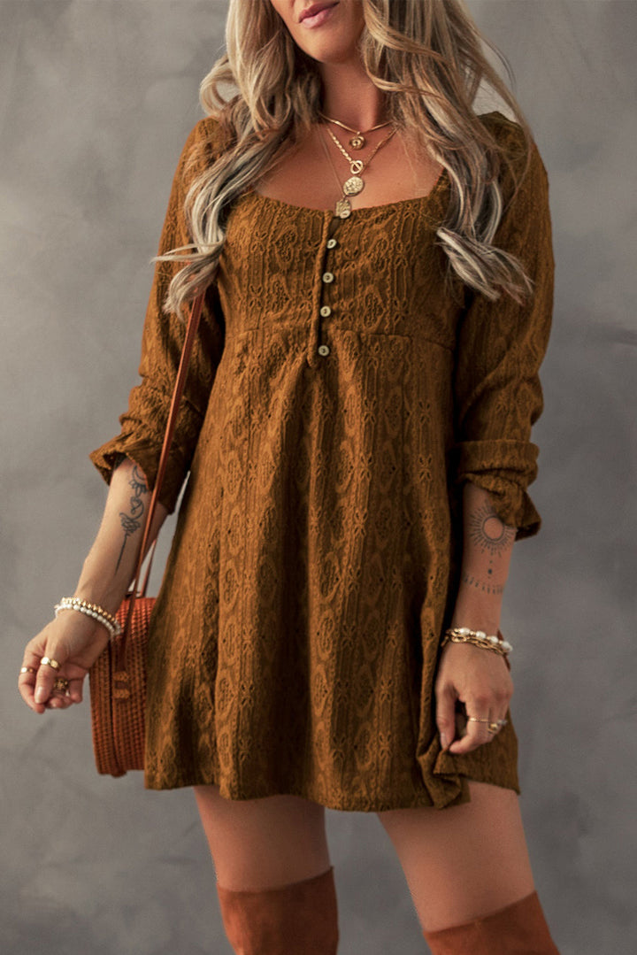 Lace Crochet Buttoned Square Neck Shift Mini Dress