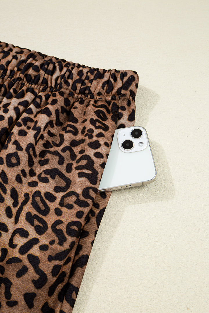 Coffee Leopard Print Contrast Trim Long Sleeve Top and Pants Set