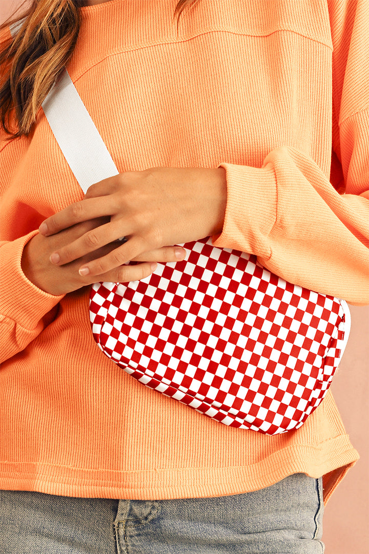 Checkered Print Zipped Buckle Strap Crossbody Bag