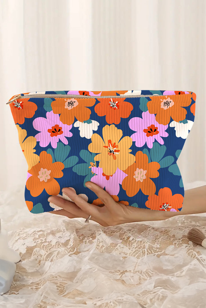 Flower Print Zipper Corduroy Large Cosmetic Bag