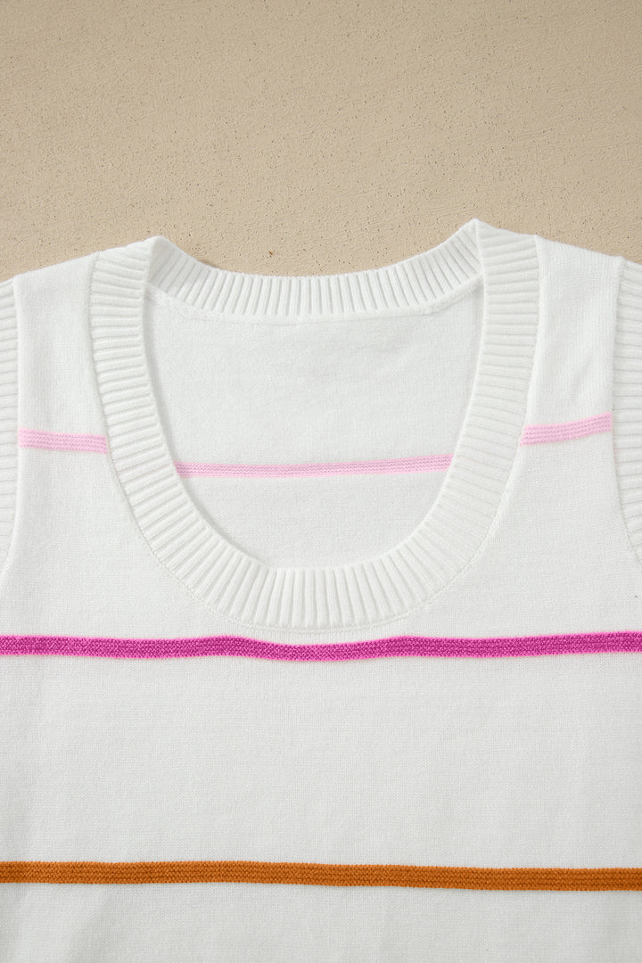 White Stripe Round Neck Knitted Sweater Tank