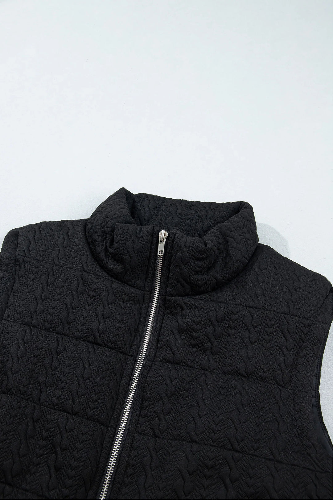 Black Textured Quilted Stand Neck Zipper Winter Vest