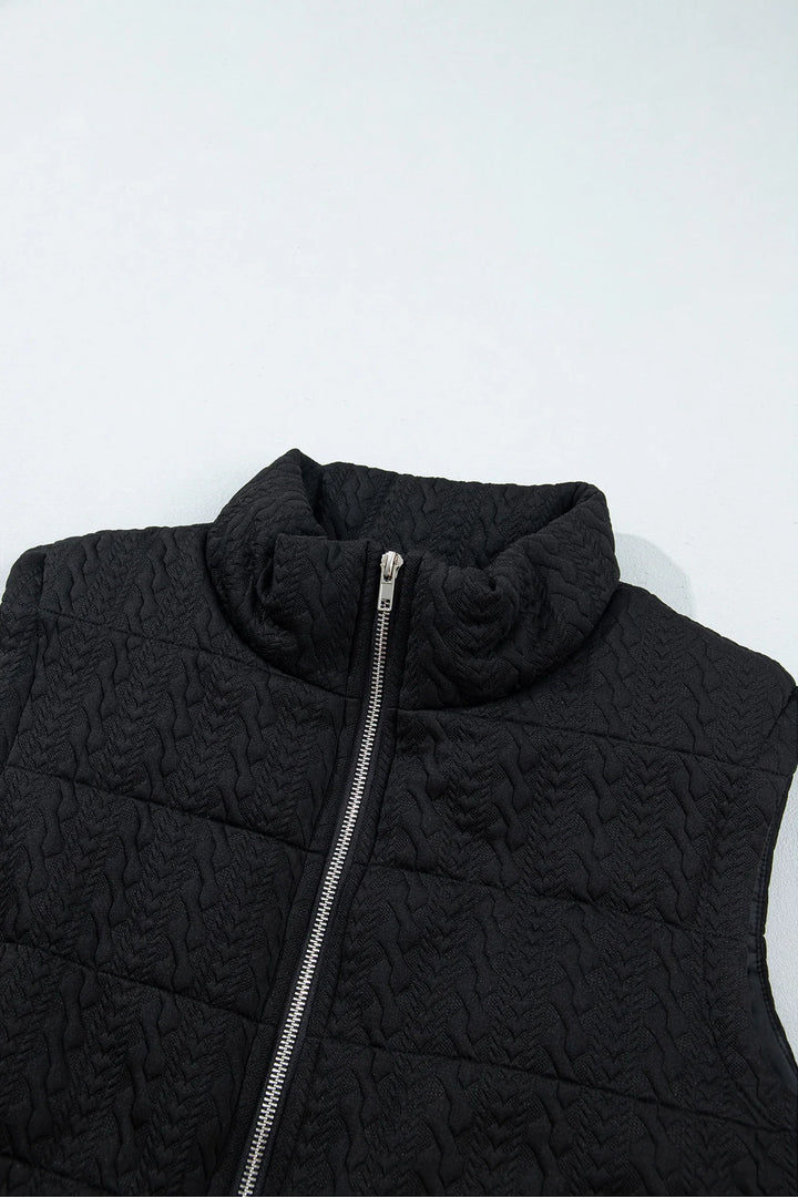 Black Textured Quilted Stand Neck Zipper Winter Vest