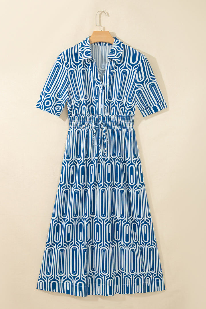 Blue Geometric Print Short Sleeve Shirt Collar Dress