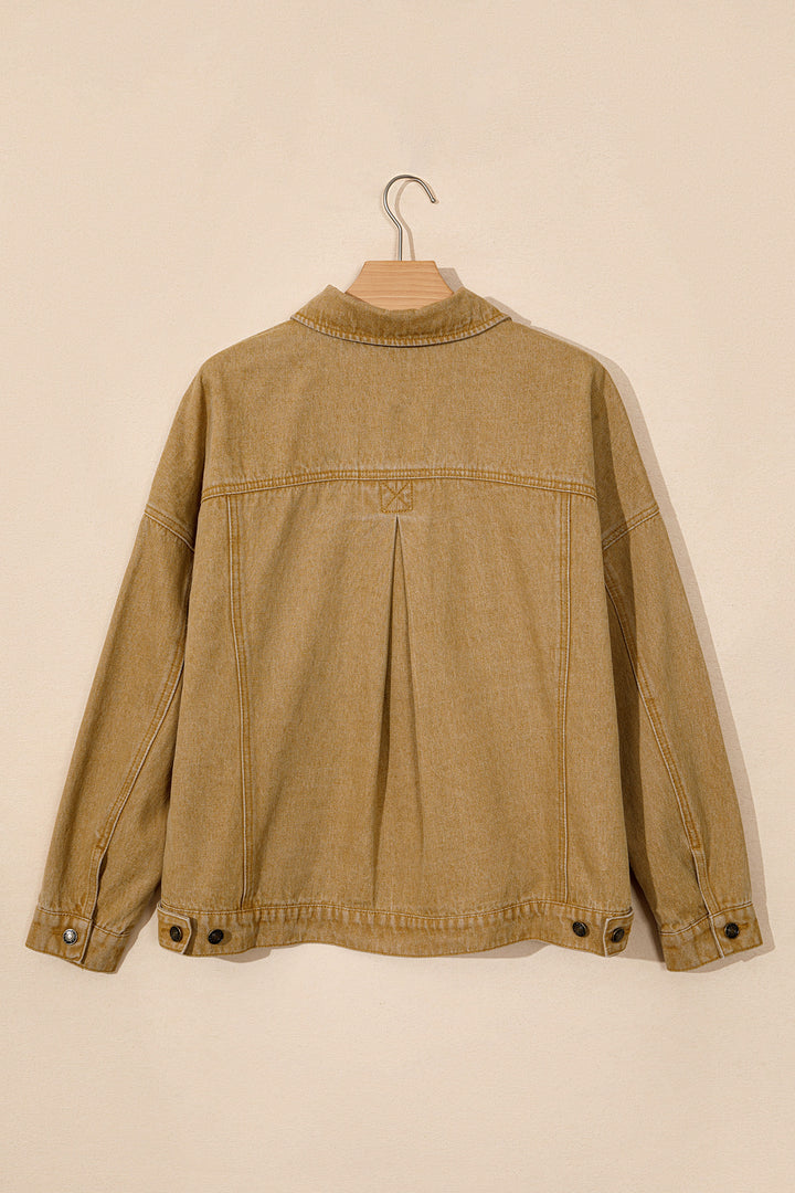 honey gold Metal Button Front Long Sleeve Collar Denim Jacket