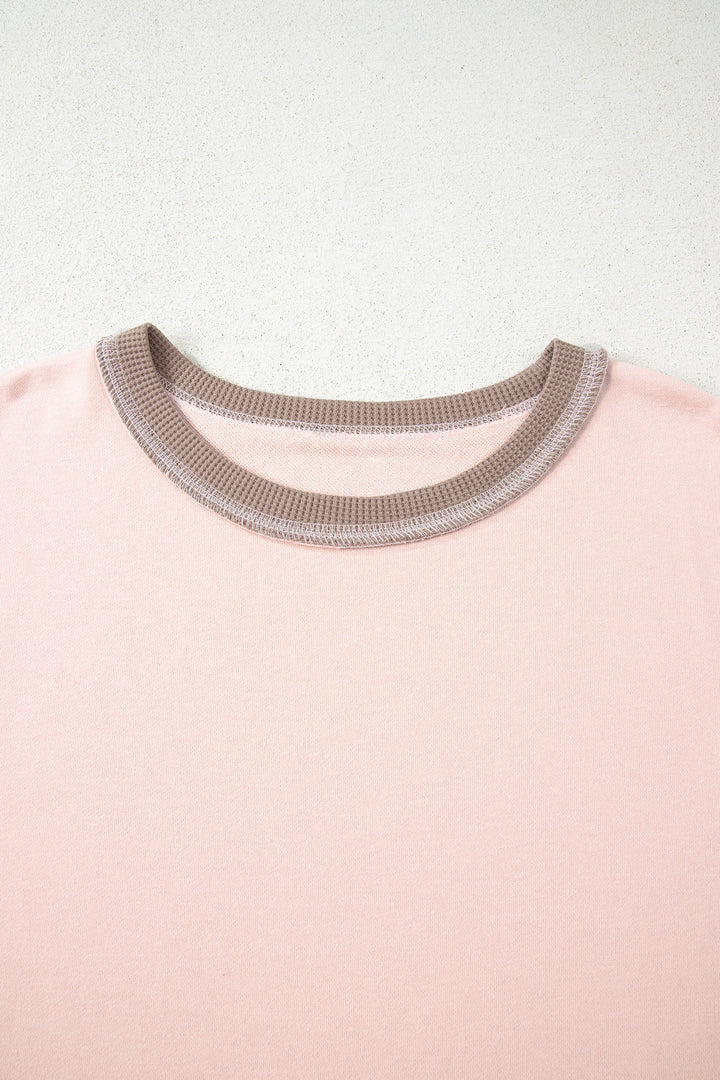 Light Pink Plus Color Block Waffle Patchwork Exposed Seam Baggy Sweatshirt