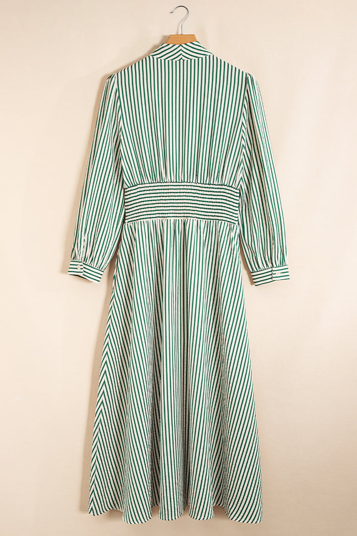 V Neck Zip Front Cinched High Waist Midi Dress