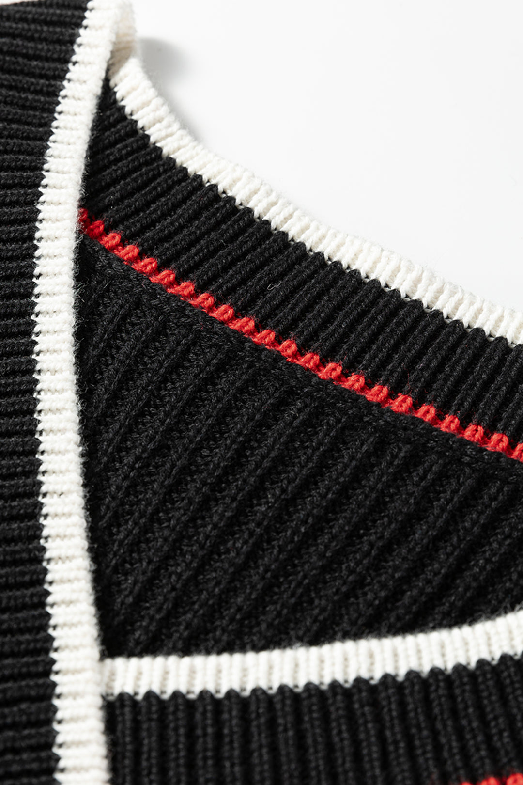 Black Contrast Striped Trim V Neck Drop Shoulder Sweater