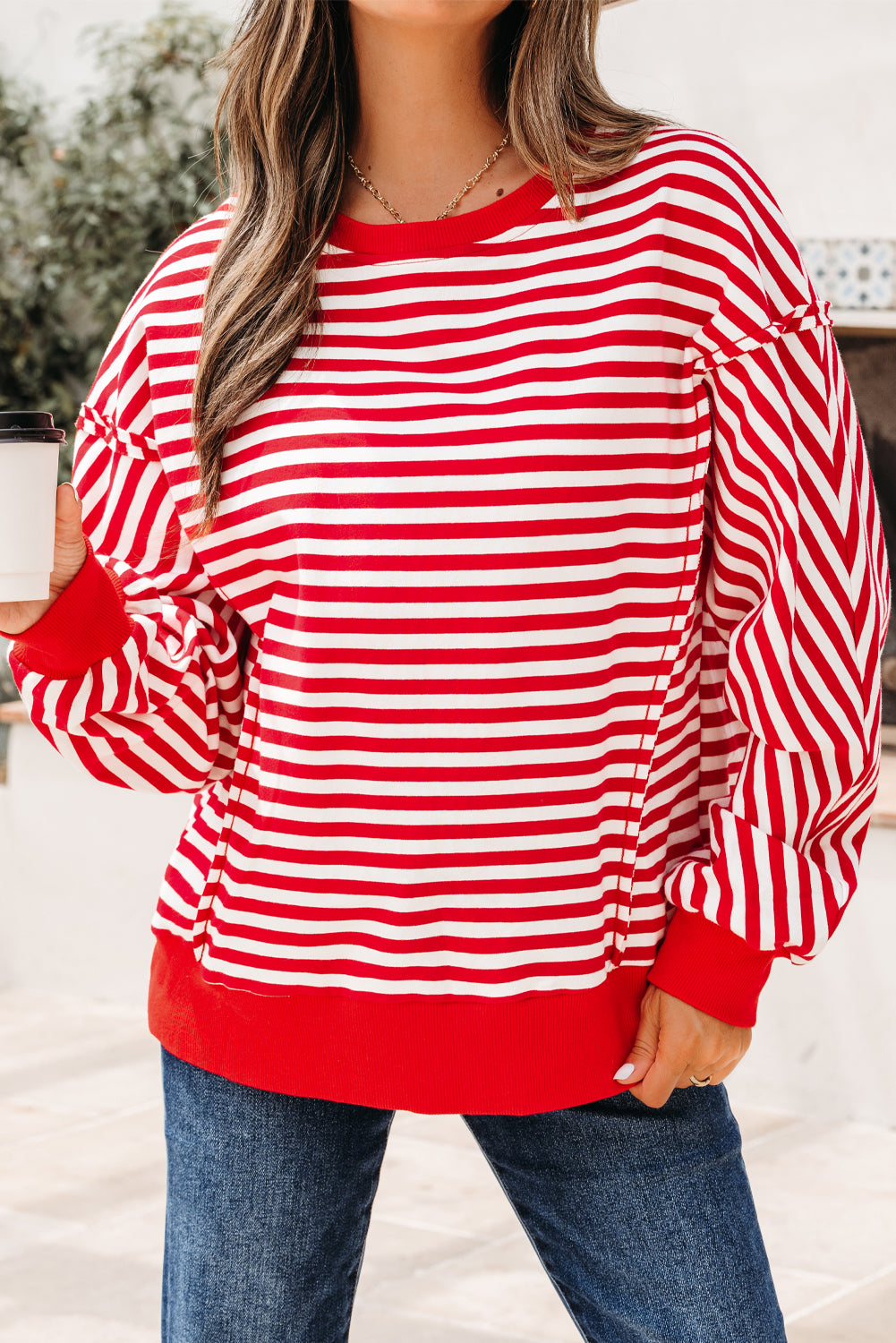 Red Stripe Exposed Seam Cotton Casual Pullover Top