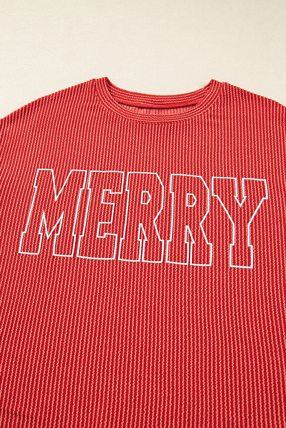 Twisted Rib Outlined Merry Letter Graphic Loose Long Sleeve Top