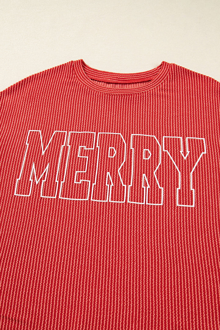 Twisted Rib Outlined Merry Letter Graphic Loose Long Sleeve Top