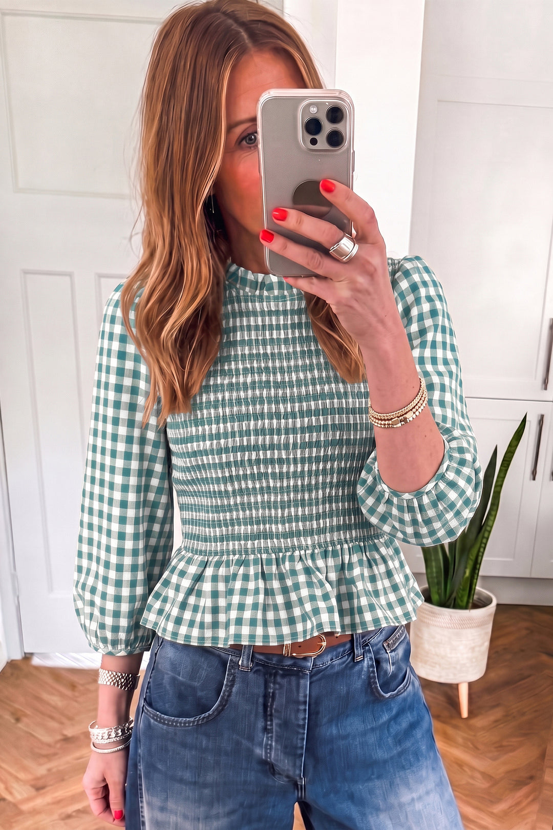 Green 3/4 Sleeve Shirred Plaid Peplum Top