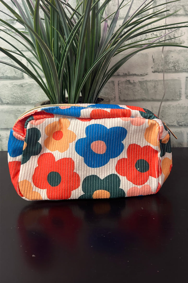 Flower Print Zipper Square Corduroy Cosmetic Bag