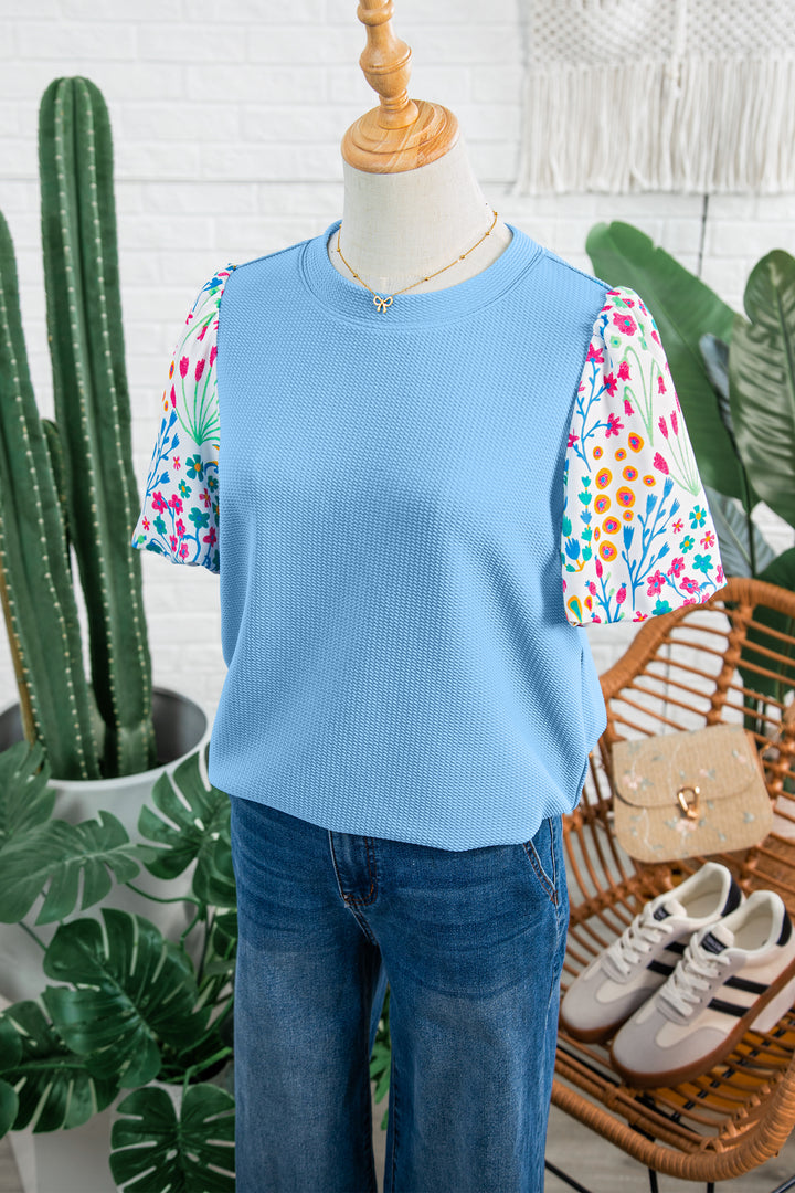 Light Blue Round Neck Textured Contrast Floral Bubble Sleeve Blouse