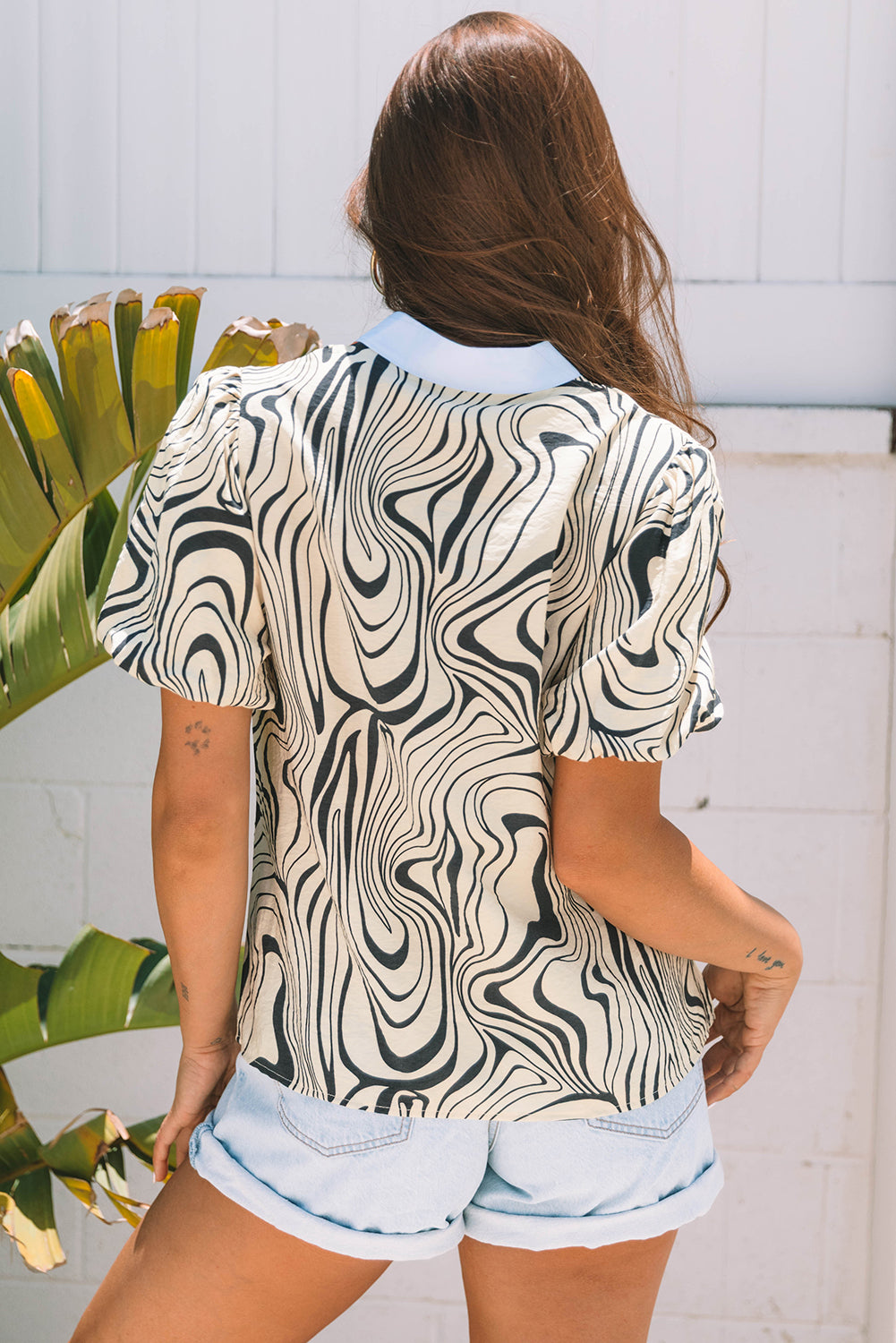 Zebra Stripe Print Contrast V-Neck Ricrac Detail Short Sleeve Blouse Top