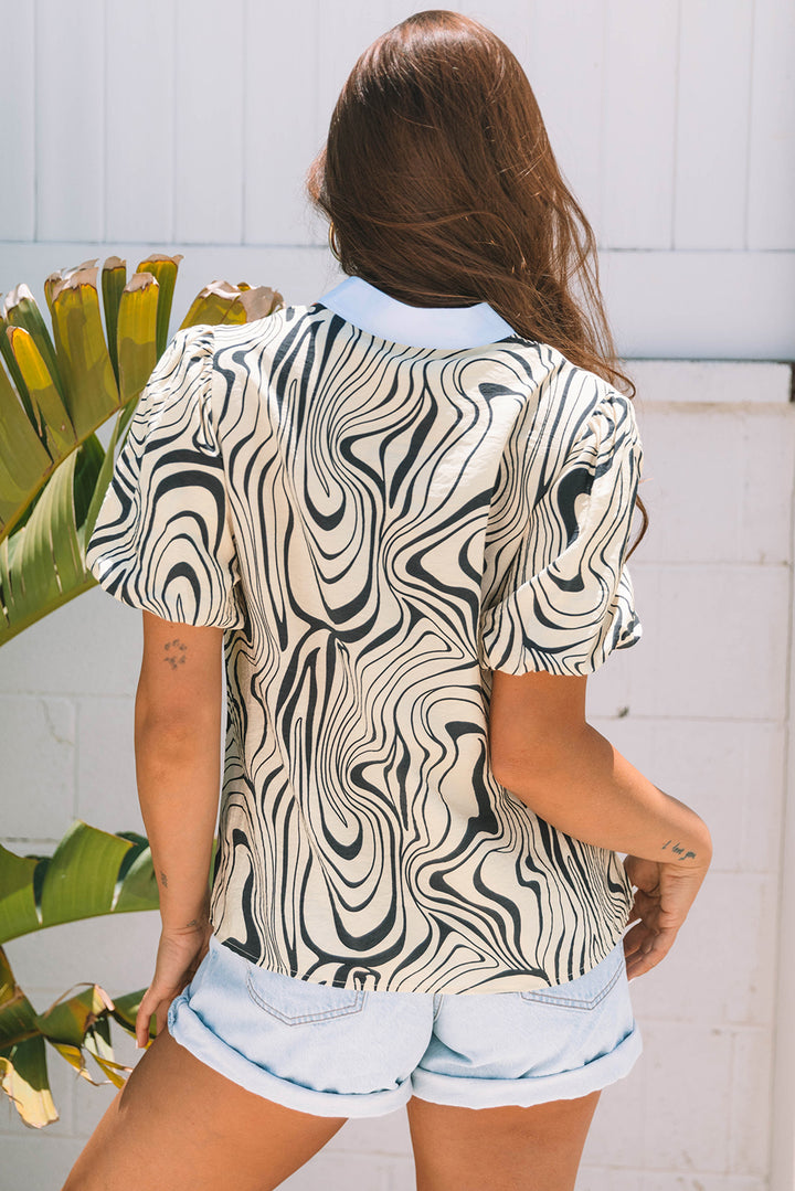 Zebra Stripe Print Contrast V-Neck Ricrac Detail Short Sleeve Blouse Top